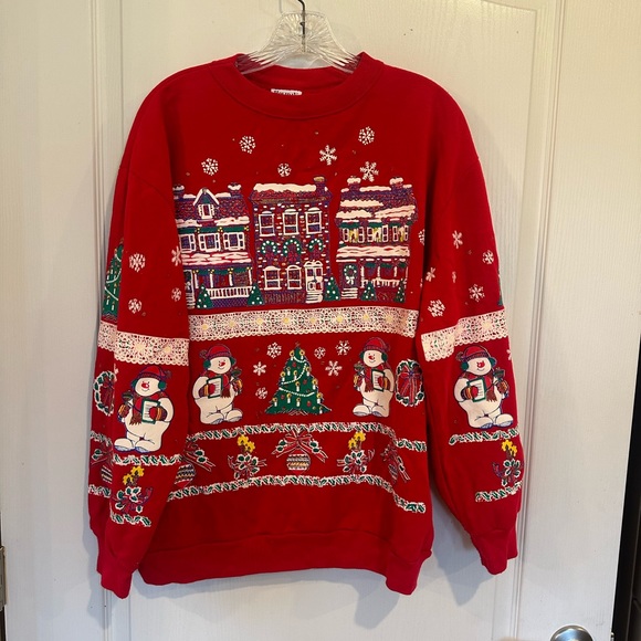 Holiday Time vintage Red Christmas snowman Sweatshirt size large - Picture 1 of 6